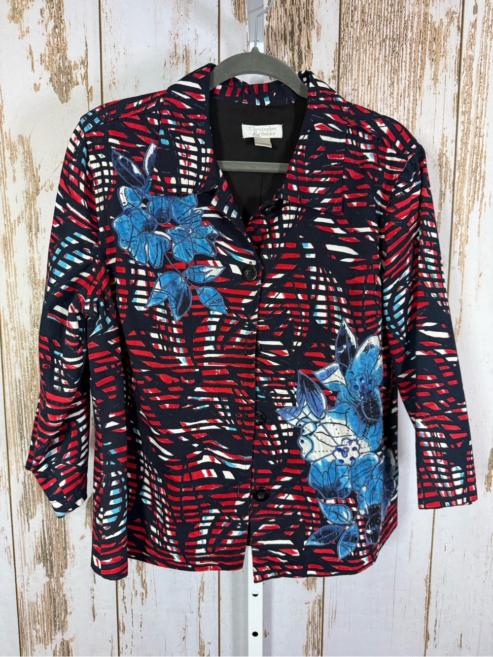 Christopher & Banks Black Red and Blue Floral Pattern Blazer. Size Large.
